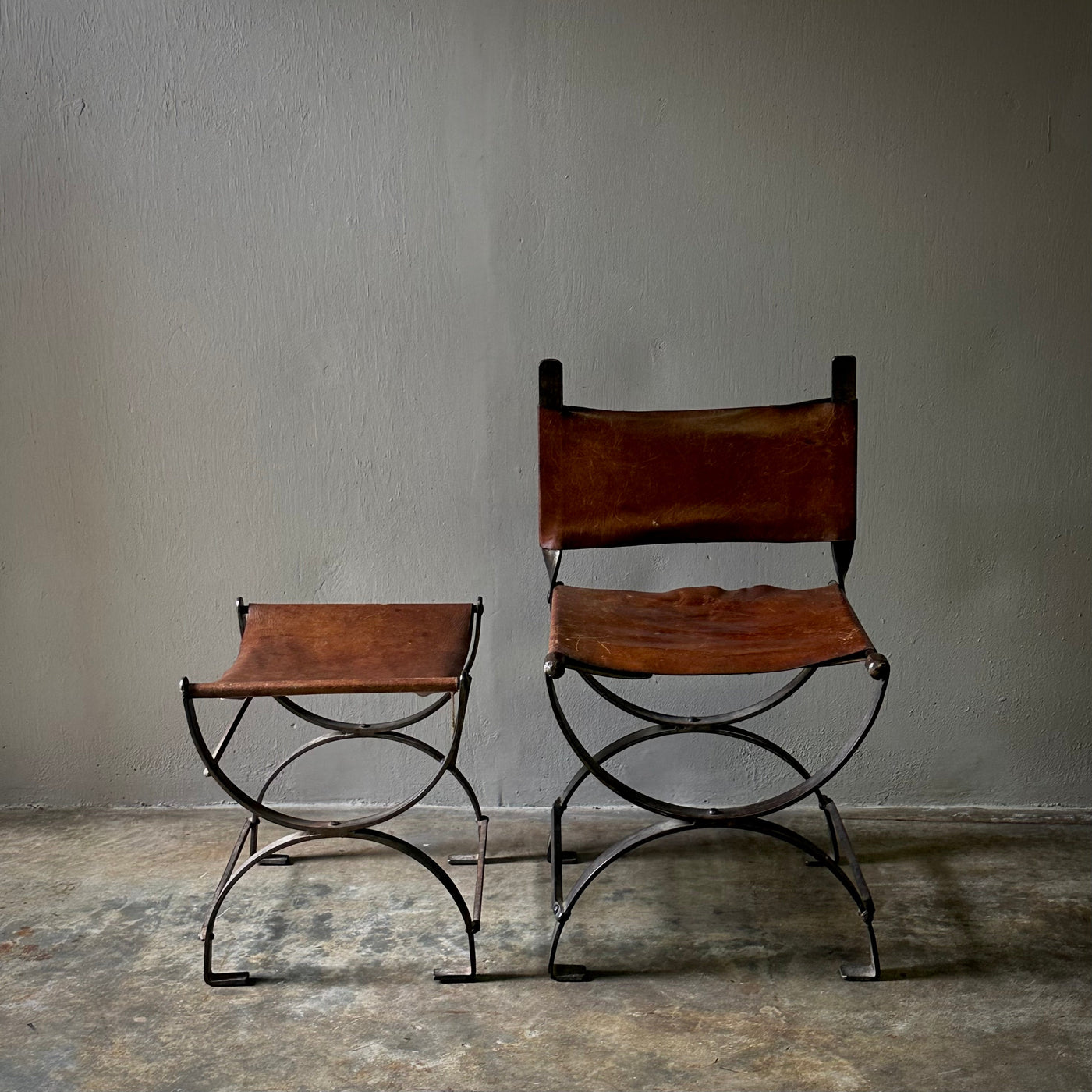 Spanish Leather and Iron Chair with Bench.